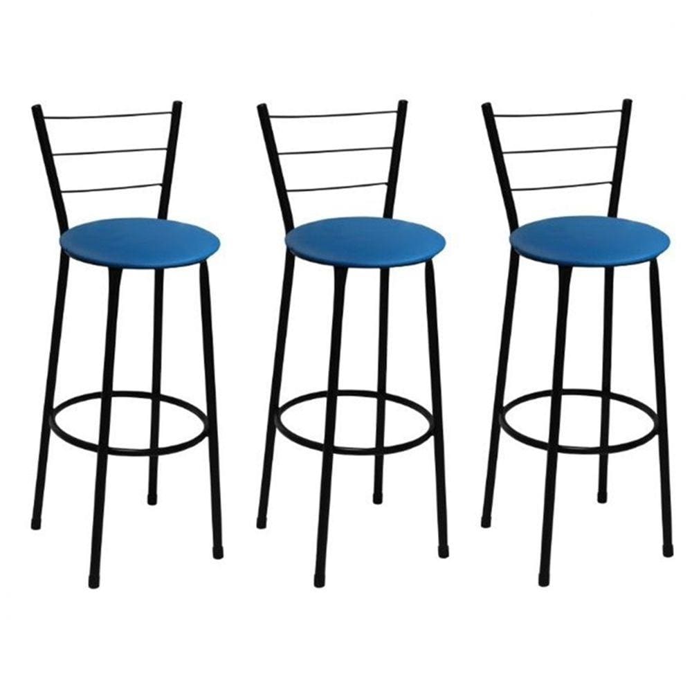 Kit 3 Banquetas Altas Preta com Encosto Assento Azul