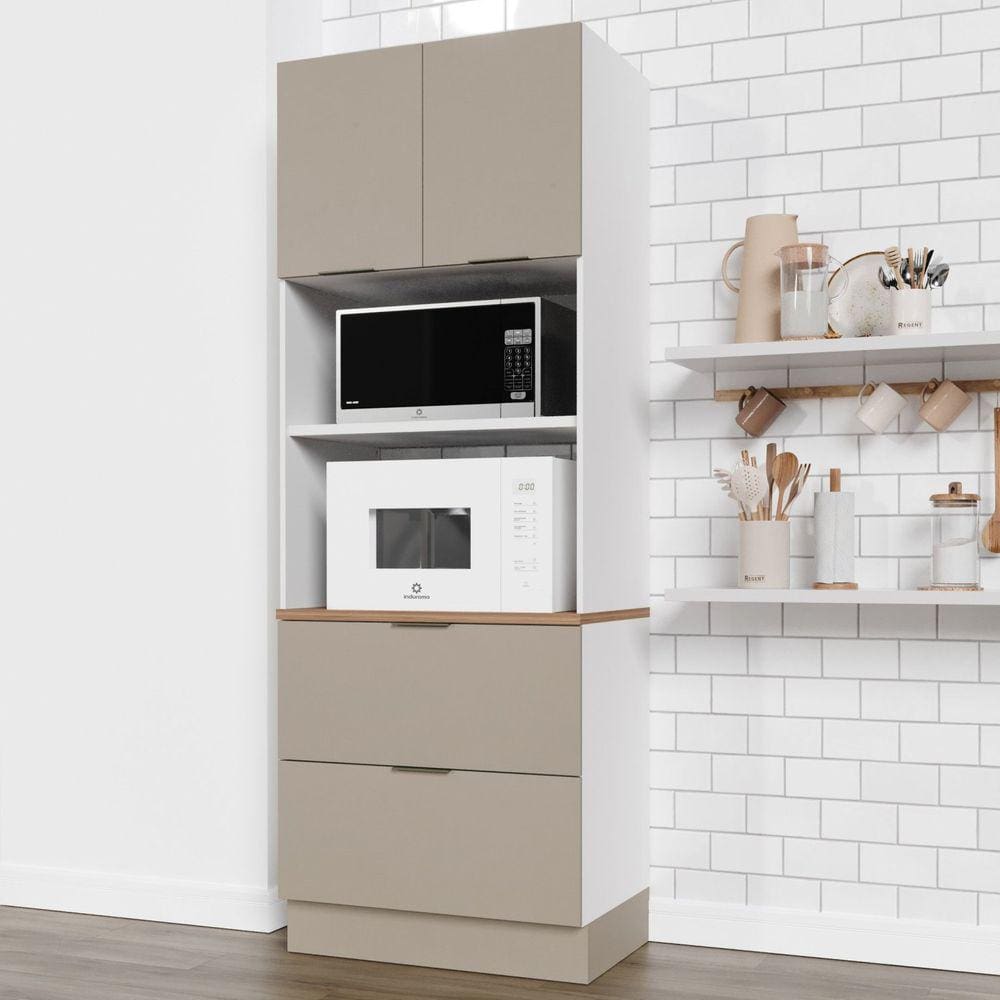 Torre Quente 2 Nichos Forno e Microondas com Rodapé Puxador 150cm Ipanema CabeCasa MadeiraMadeira Cinza Trama/Branco