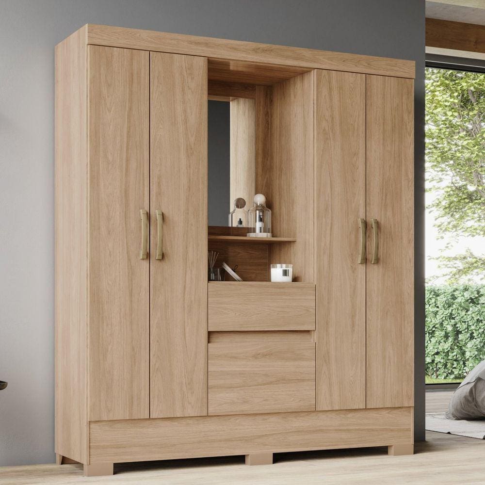 Guarda-Roupa Solteiro 6 Portas 2 Gavetas BS01 Jequitibá Brilho
