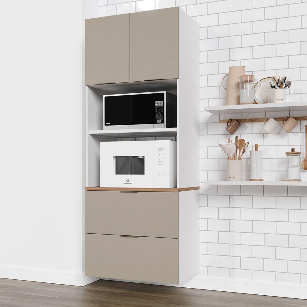 Torre Quente 2 Nichos Forno e Microondas Sem Rodapé Puxador 150cm Ipanema CabeCasa MadeiraMadeira Cinza Trama /Branco