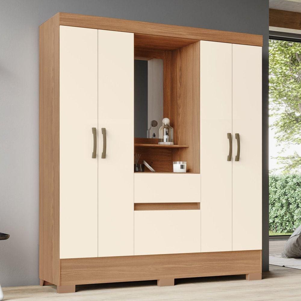 Guarda-Roupa Solteiro 6 Portas 2 Gavetas BS01 Marrom/Off White