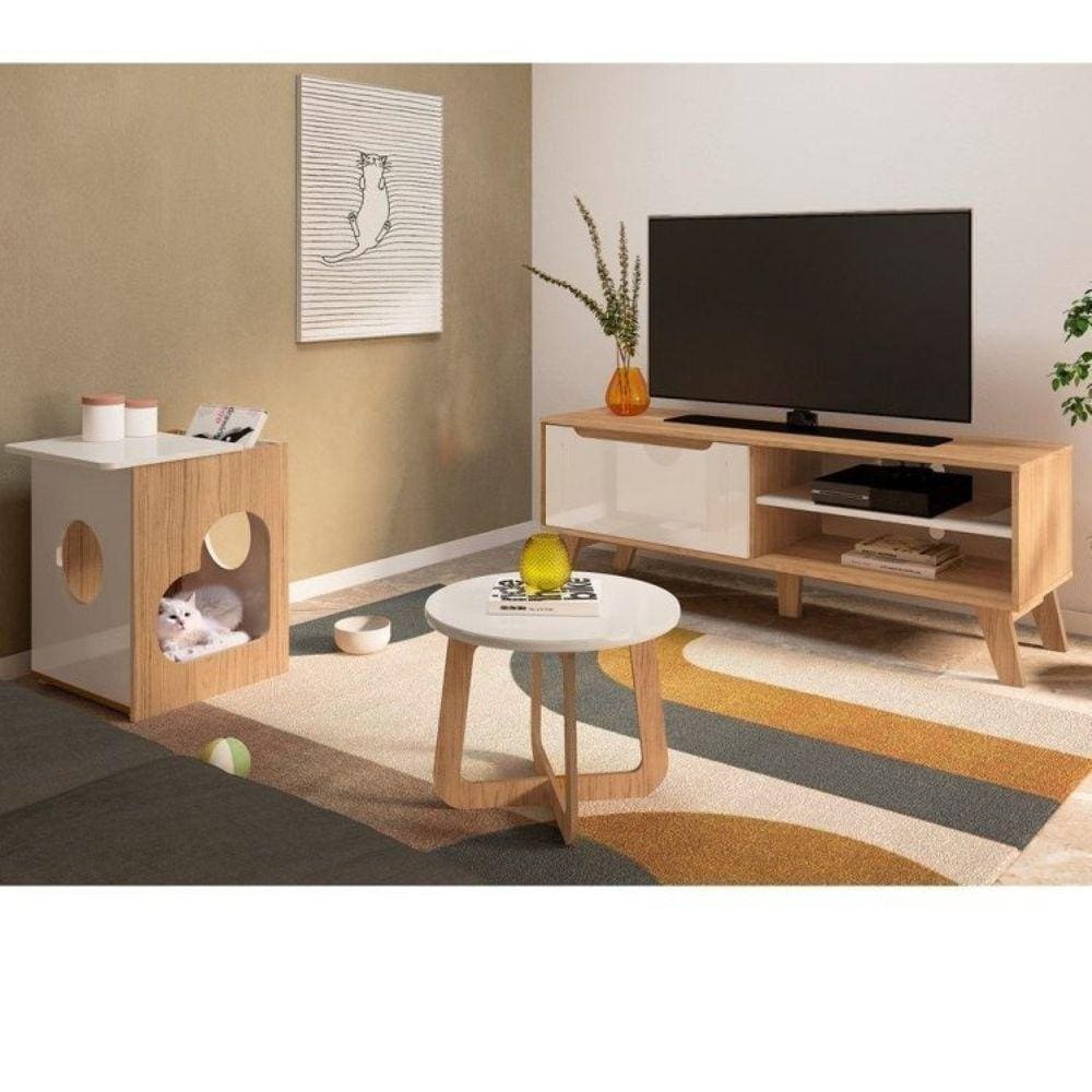 Conjunto Sala de Estar Rack para TV até 47 Pol Lotus com Mesa de Centro e Mesa de Apoio para PET Carvalho/Off White