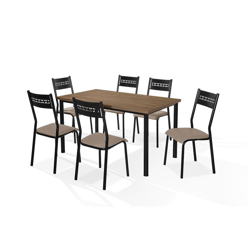 Conj.Titanium Tubo Preto Tamp. Nogal 6 Cadeiras Aço Nobre