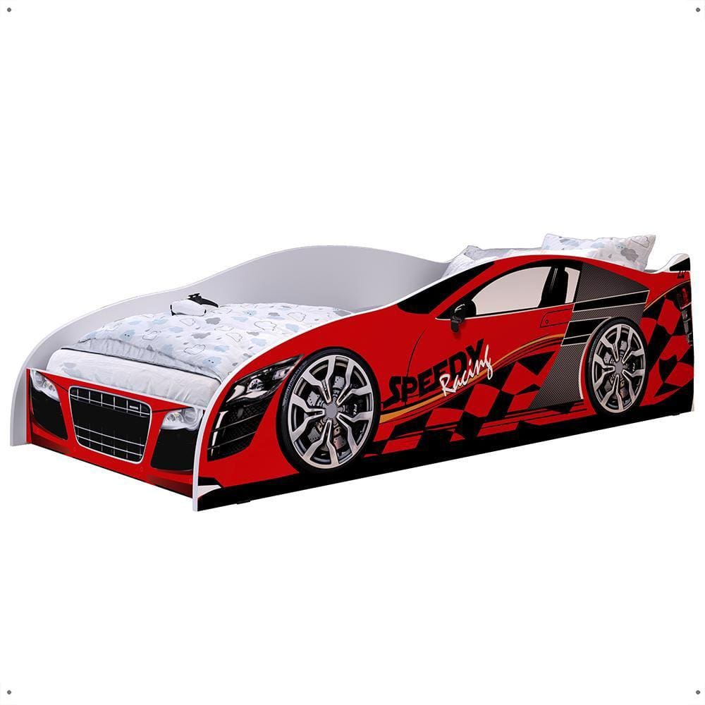 Mini Cama Infantil Carro Corrida Speedy MDF Montessoriana Proteção Lateral Decoração Kids Tema Quarto Menino - Vermelho/Branco - RPM