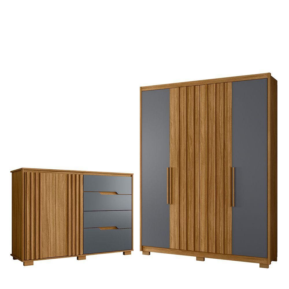 Kit Guarda Roupa 4 Portas E Cômoda Sapateira Munique M01 Freijó Cinza Clique Chique
