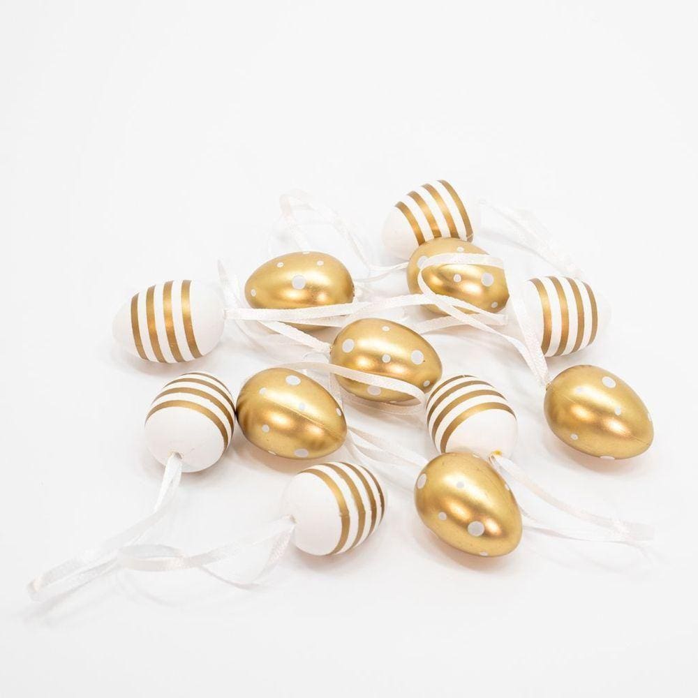 Kit 36 Ovos De Páscoa Branco E Dourado Pendentes Decorativo