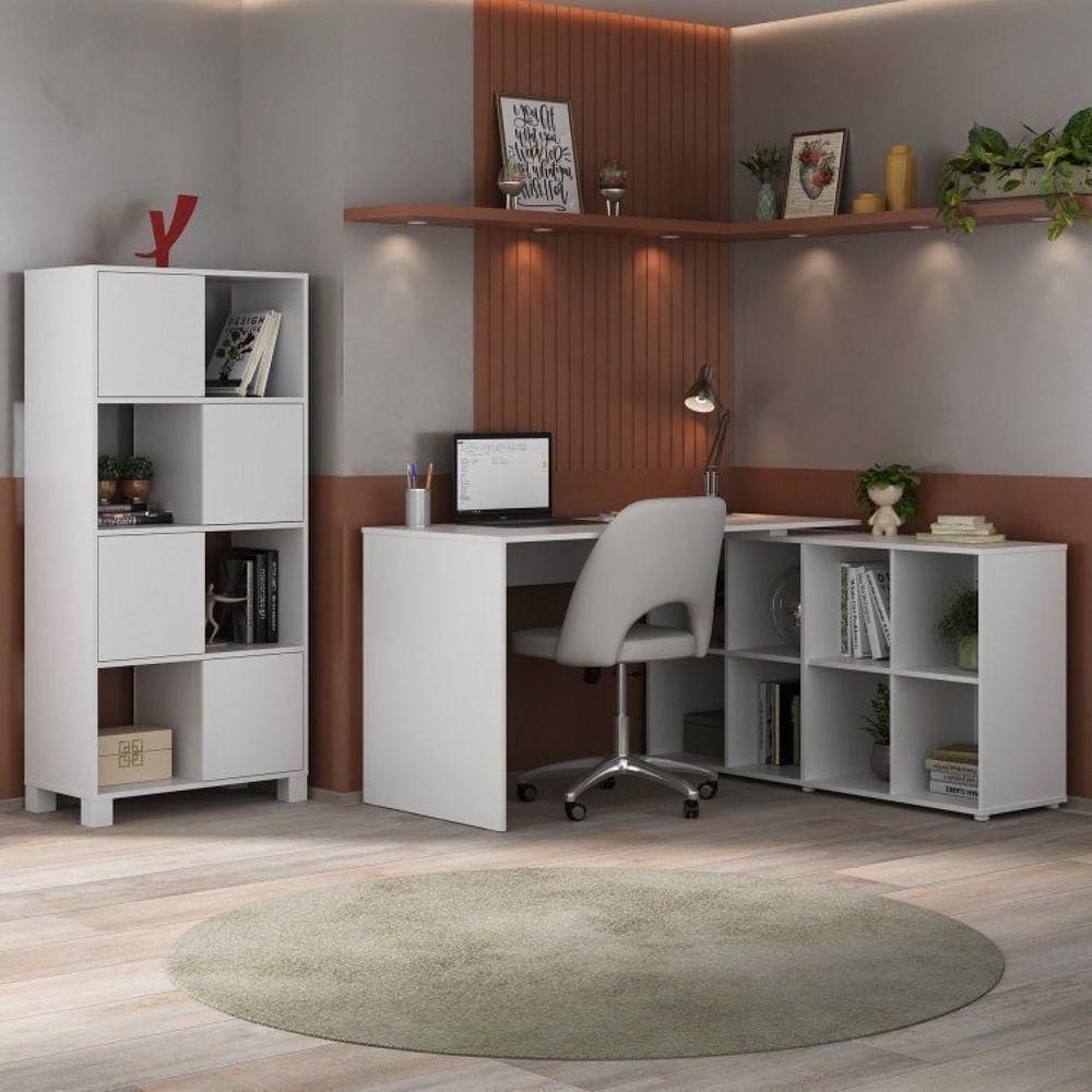 Home Office Completo com Mesa em L e Armário Branco