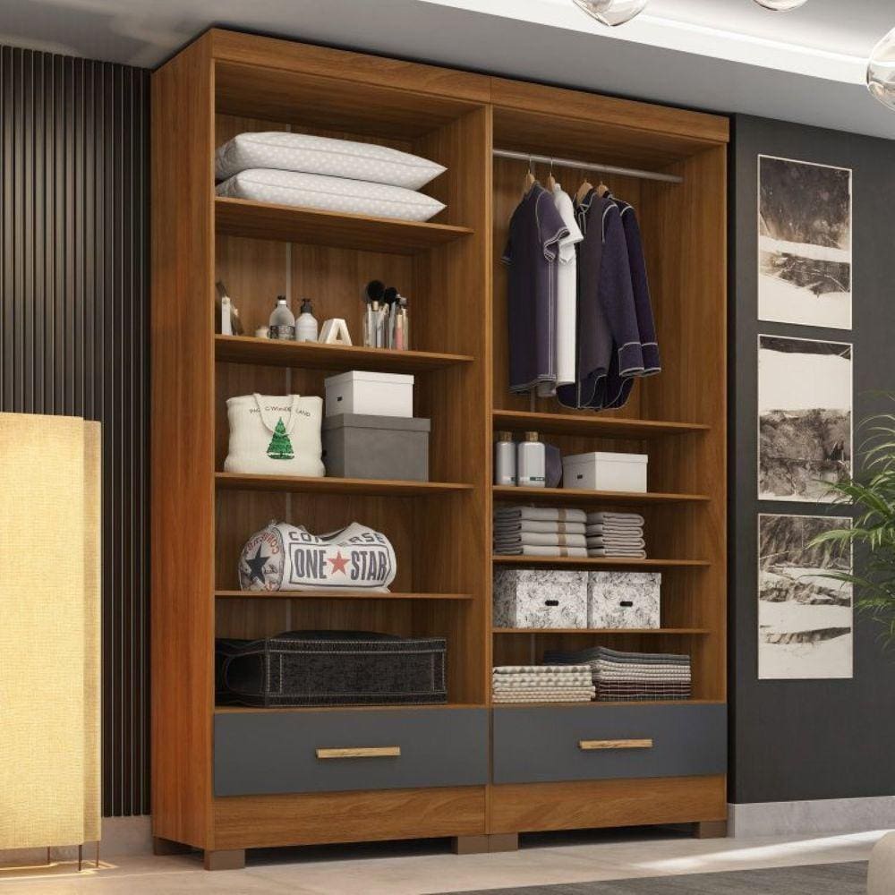 Closet Modulado 2 Peças 2 Gavetas Smart Versatile Espresso Móveis Cinamomo/Cinza