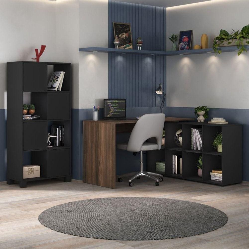 Home Office Completo com Mesa em L e Armário Espaçoso Preto/Ipê