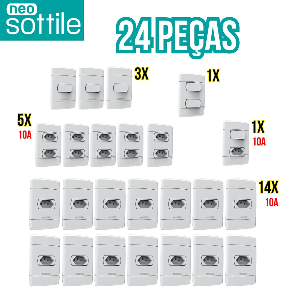 KIT NEO SOTILLE 24 PEÇAS - 14 tom10A + 5 tom dupla10A + 3 int simples + 1 int duplo + 1 int+tom10A