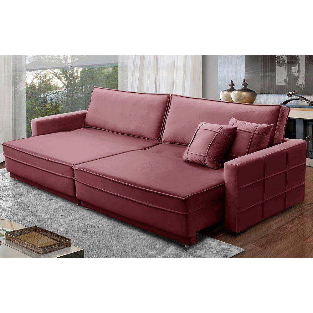 Sofá Retrátil e Reclinável 2,30m Karina Veludo Rose Madelina Decor