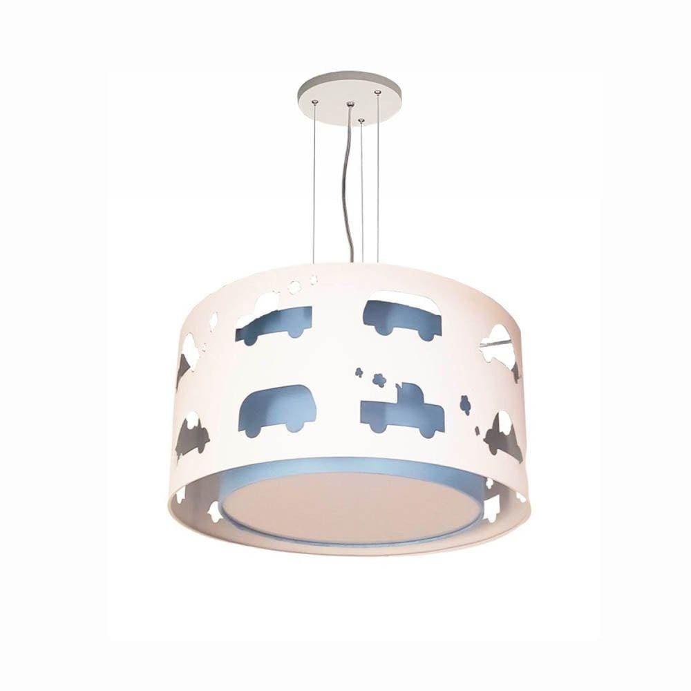 Lustre Infantil Pendente Carrinhos 30x16 Azul/Branco