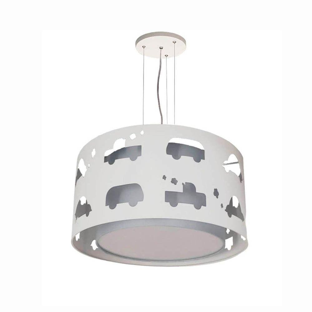 Lustre Infantil Pendente Carrinhos  30x16 Cinza/Branco