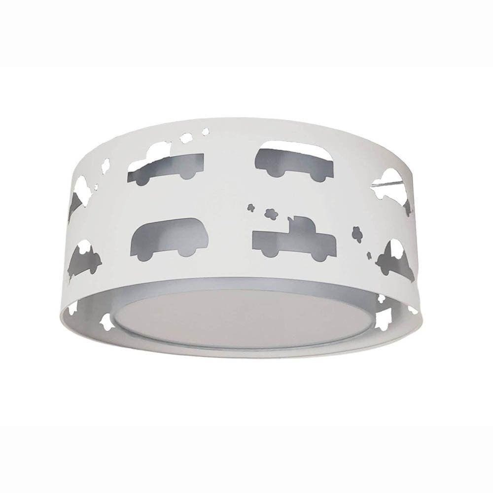 Luminária Infantil Plafon Carrinhos 50x16 Cinza/Branco