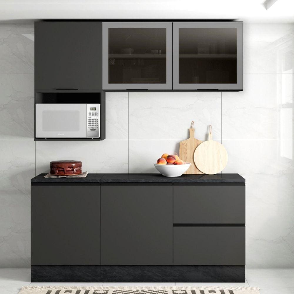 Cozinha Modulada Completa 5 Peças 5 Portas 3 Gavetas com Portas Vidro Fumê Etina Poliman Móveis Grafite