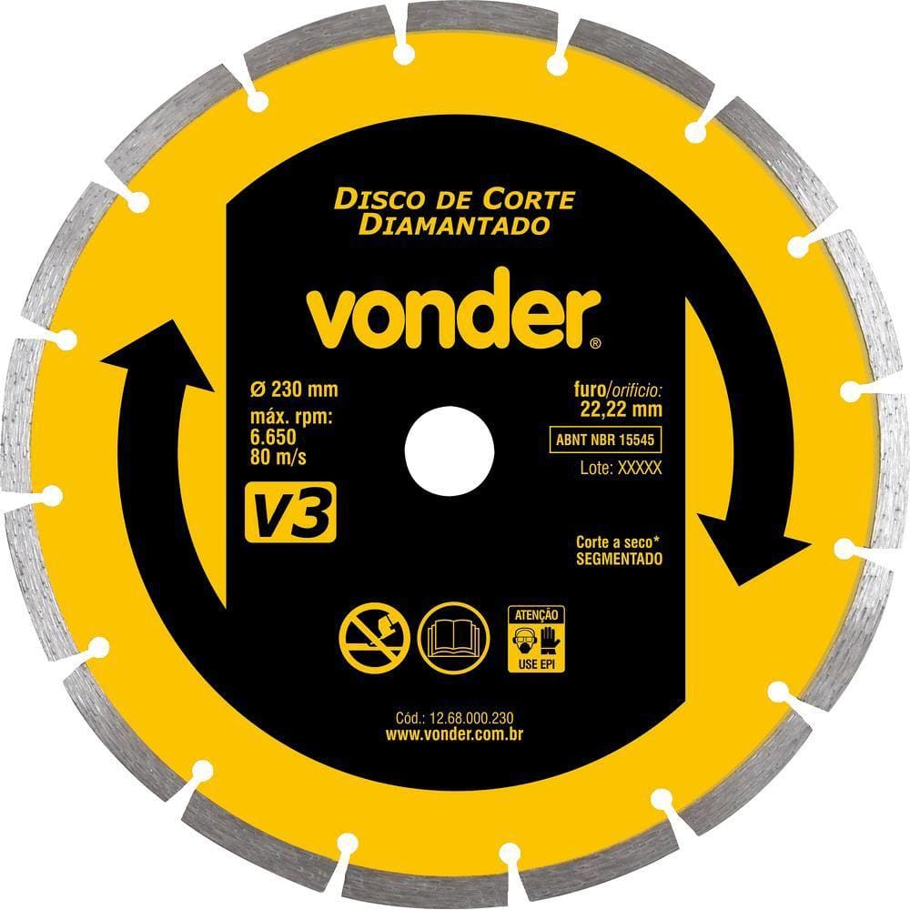 Disco diamantado 230mm segmentado furo 22mm v3 - Vonder