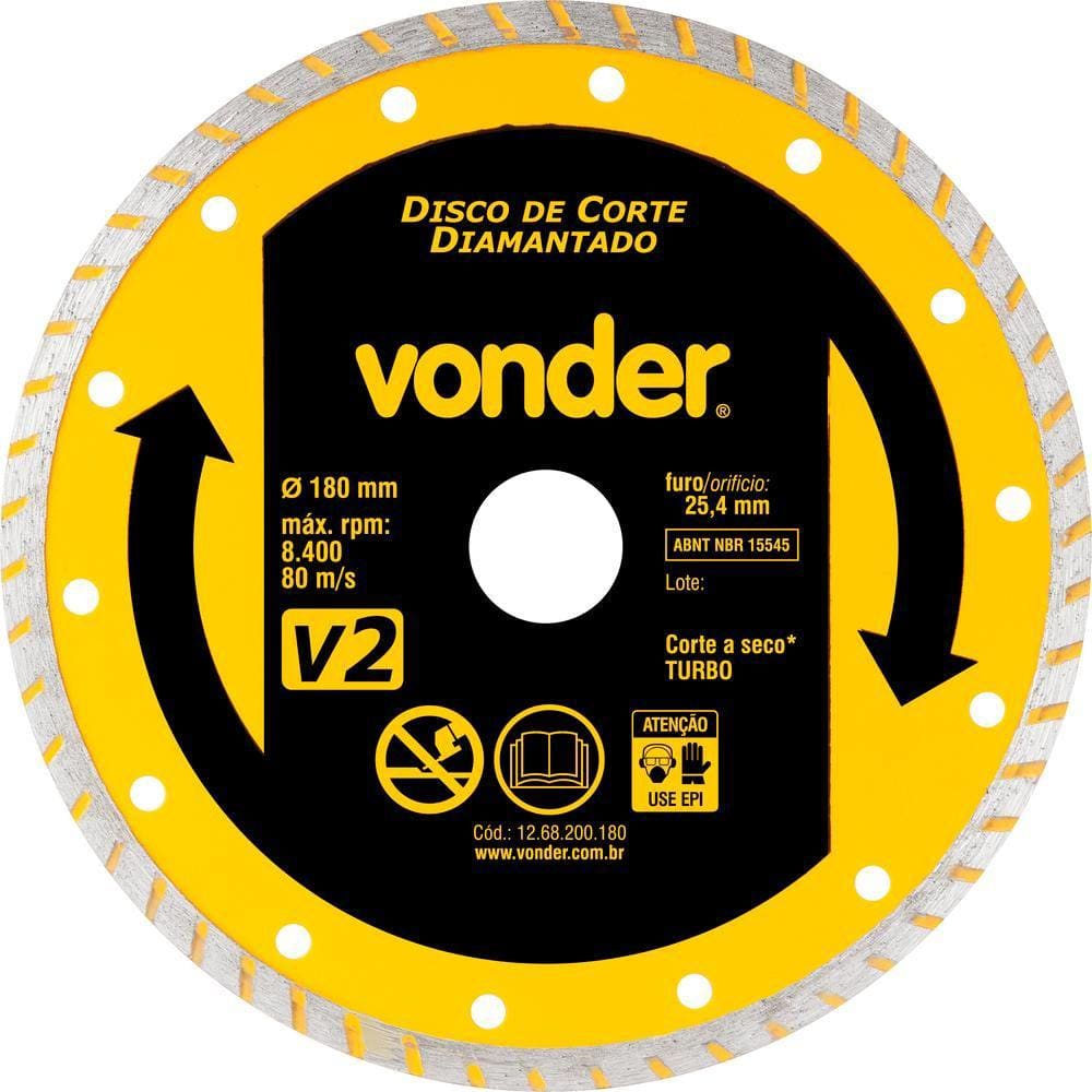 Disco diamantado 180mm turbo furo 25mm v2 - Vonder