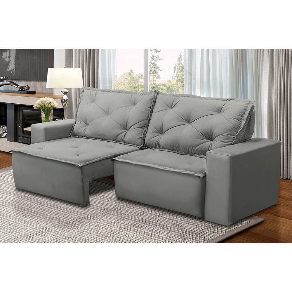 Sofá Retrátil e Reclinável 3 lugares com Molas 1,50m Alana Suede Cinza Madelina