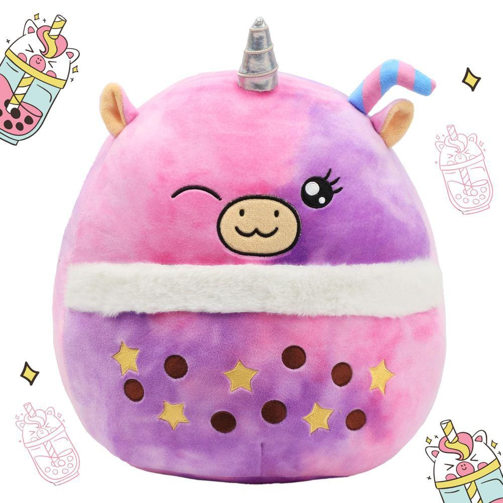 Almofada de pelúcia Easfan Rainbow Unicorn Boba Tea 35 cm para crianças