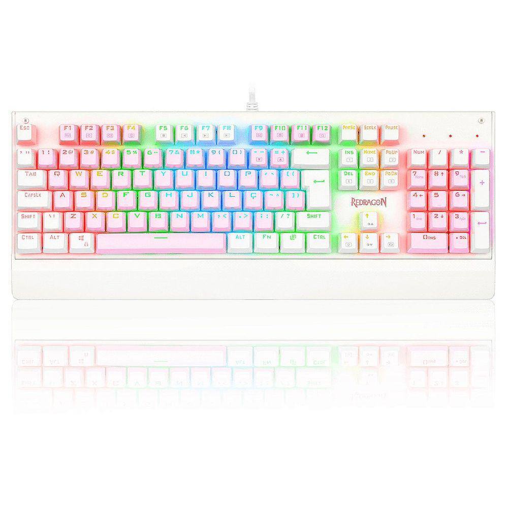 Teclado Mecânico Gamer Redragon Kala, RGB, Switch Outemu Blue, ABNT2, Rosa e Branco