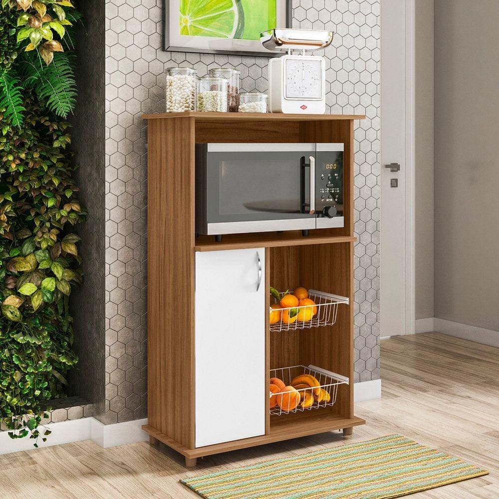 Balcão Multuso para Forno e Microondas com Fruteira 1 Porta NT 3075 Freijo Trend/Branco New