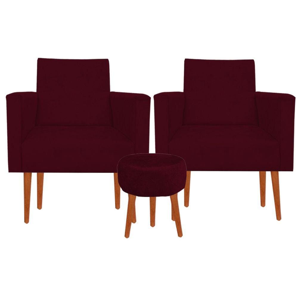 Kit 02 Poltronas Luxo Decorativas Nina E Puff Suede Bordo