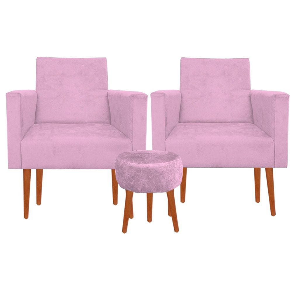 Kit 02 Poltronas Luxo Decorativas Nina E Puff Suede Rosa
