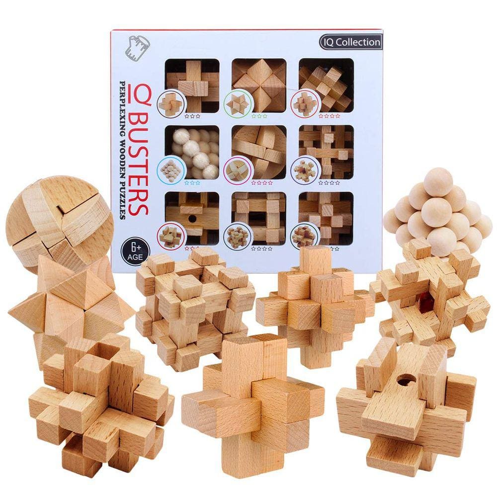 Conjunto de 9 peças de quebra-cabeça de madeira HMANE Kong Ming Lock Toy