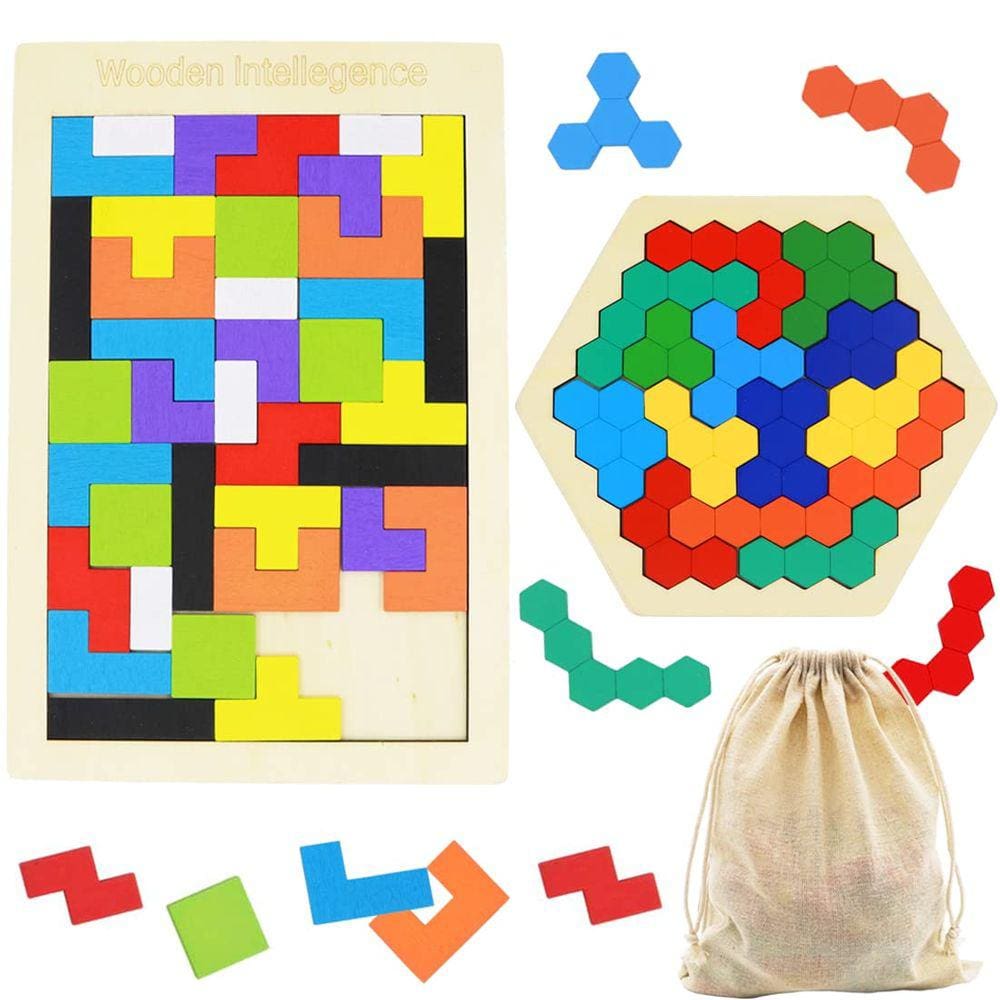 Conjunto de quebra-cabeças de madeira Kiouposy Russian Blocks & Hexagon, pacote com 2