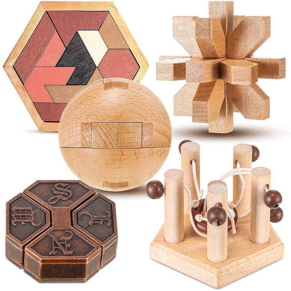 Quebra-cabeças Brain Teasers Hungdao, 5 peças de metal e madeira