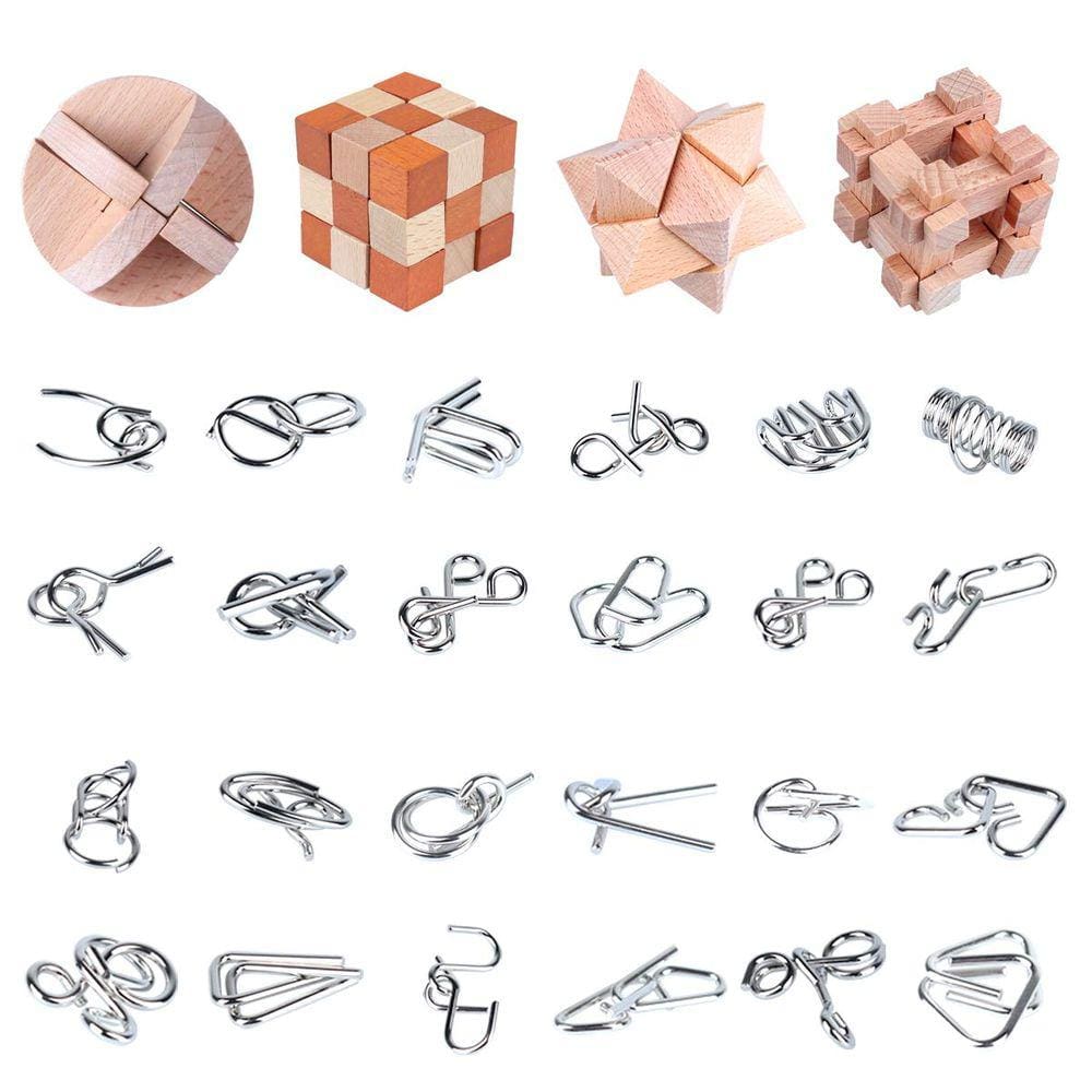 Quebra-cabeça Brain Teaser LyiUp de madeira e metal, desbloqueia 28 unidades em 3D