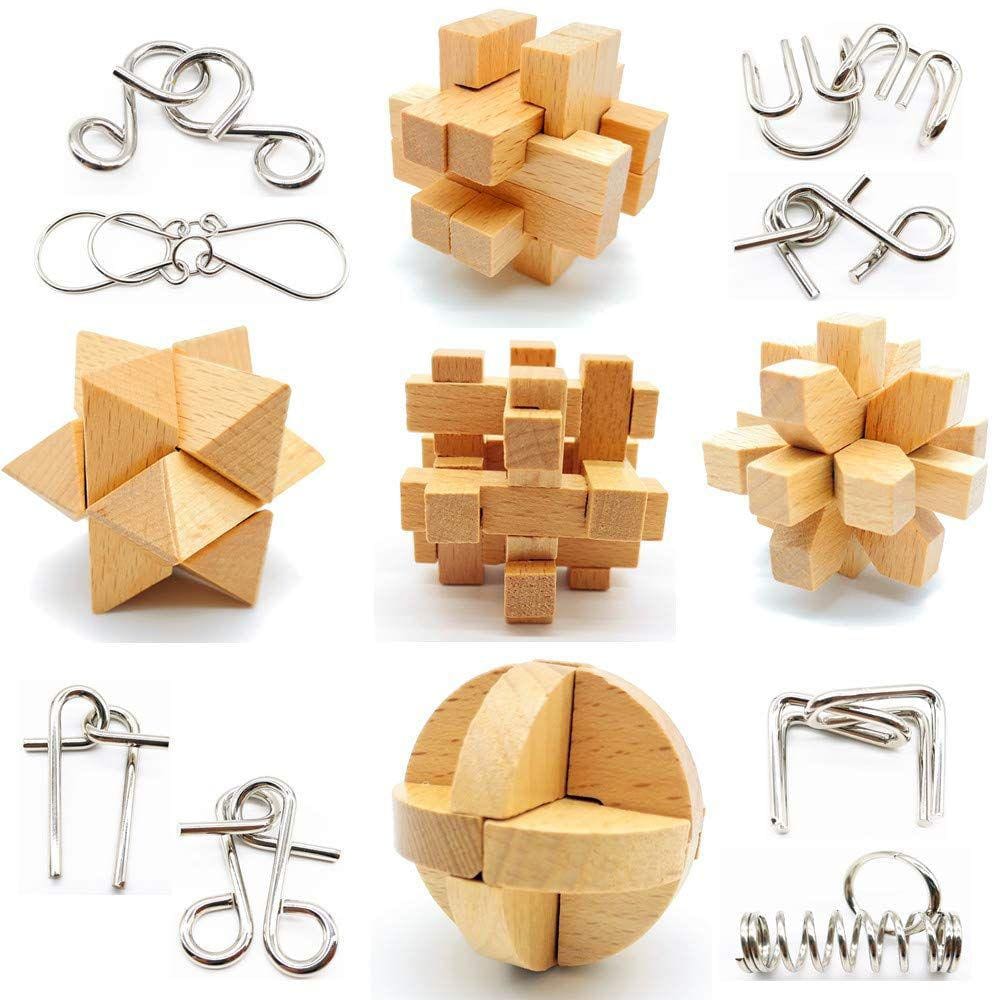 Conjunto de quebra-cabeças Brain Teaser Qiandier em madeira 3D e metal, 8 unidades