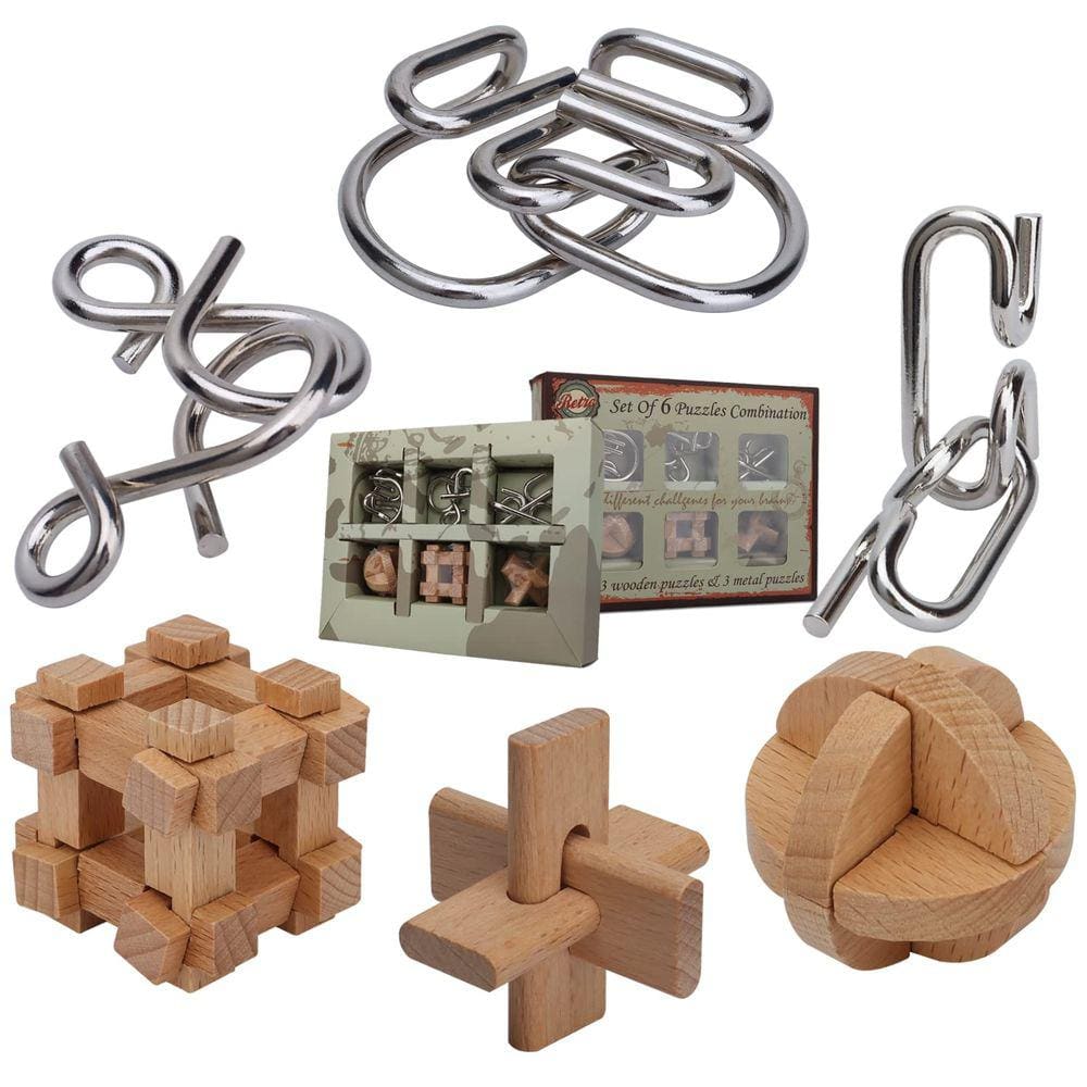 Quebra-cabeças Brain Teaser GkGK, 6 peças de metal e madeira