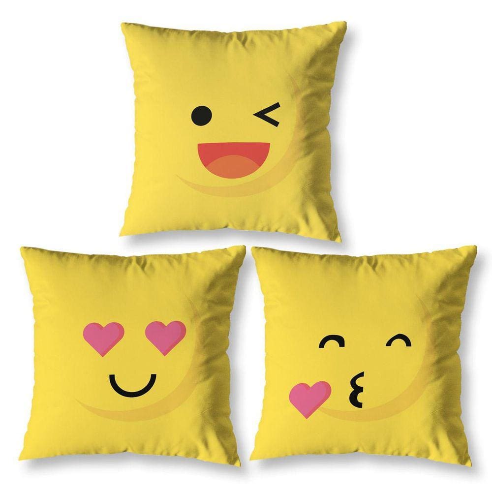 Kit 3 Capa De Almofada Estampadas Infantil 40X40 Zíper Emoji