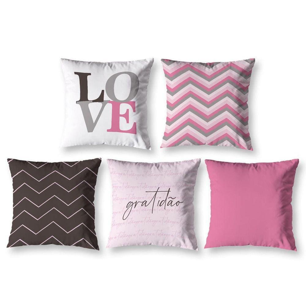 Kit 5 Almofadas Cheias 40Cm X 40Cm Estampadas Chevron Rosa