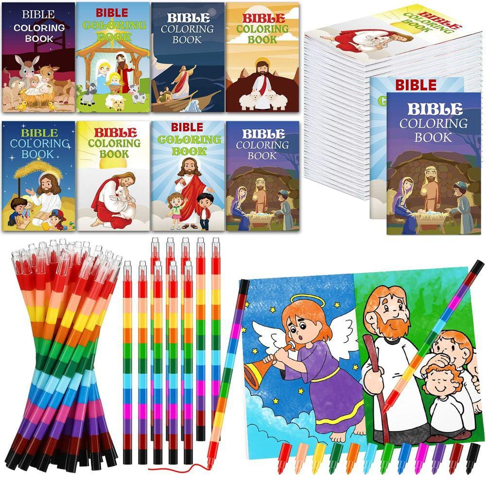 Livro de colorir Fulmoon, 144 unidades da Bíblia com lápis empilháveis para crianças