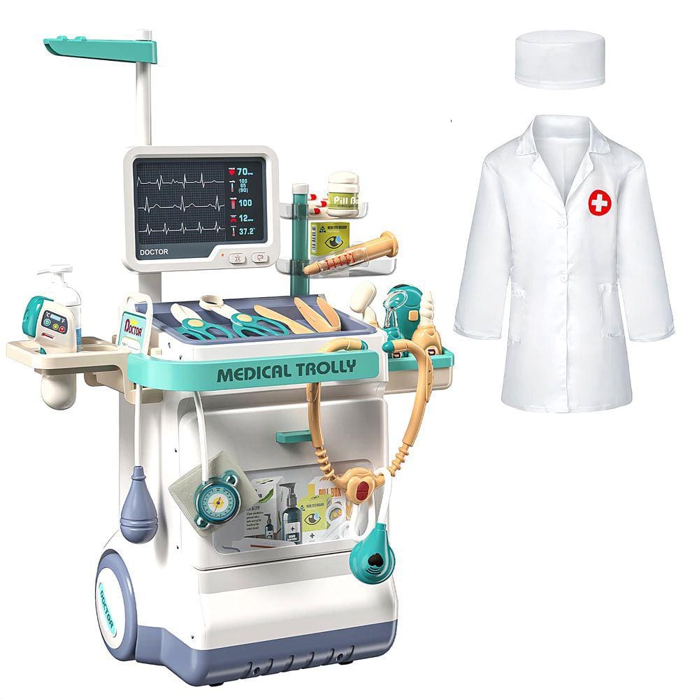 Kit médico YGLOLRAME para crianças de 3 a 5 anos com carrinho móvel, 28 unidades