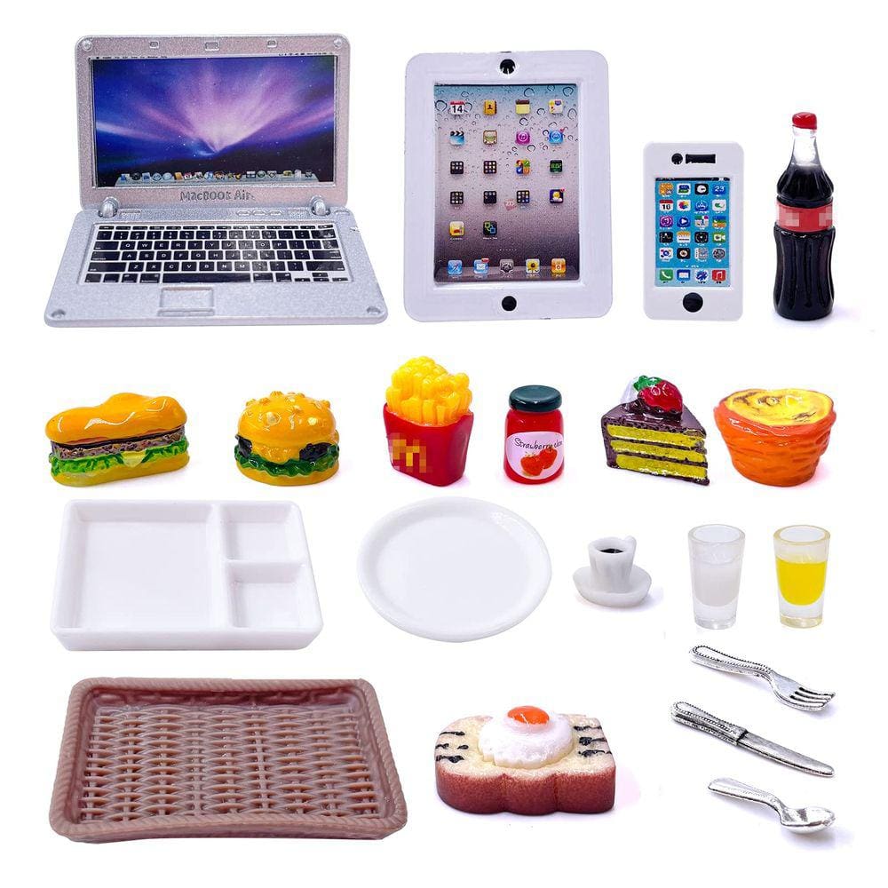 Laptop em miniatura, tablet, telefone de brinquedo, conjunto de alimentos x20