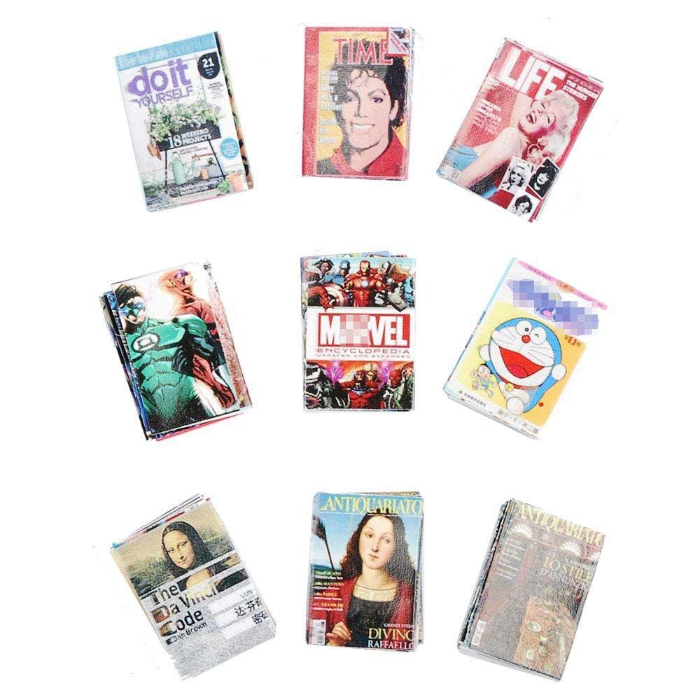 Livros em miniatura da Dollhouse Magazine, 9 unidades para sala de livros/quarto