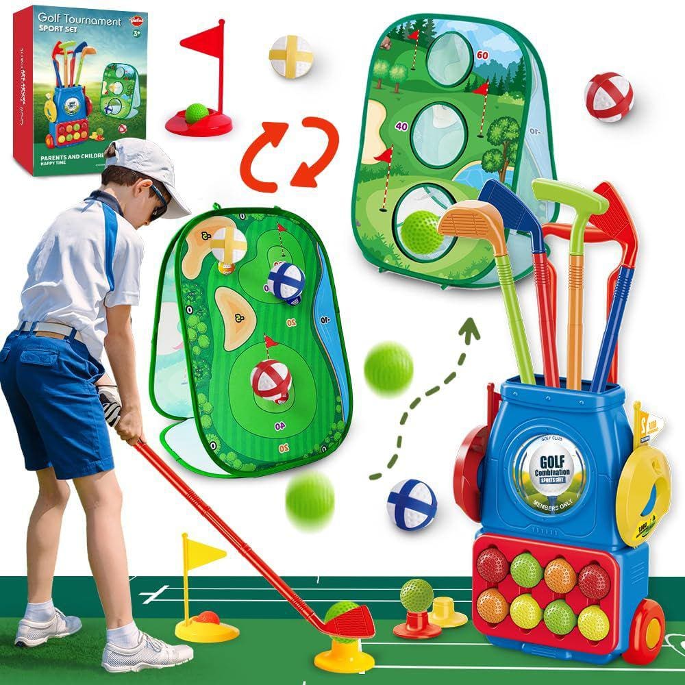 Conjunto de golfe VATOS para crianças com prancha de golfe, carrinho, tacos e 14 bolas