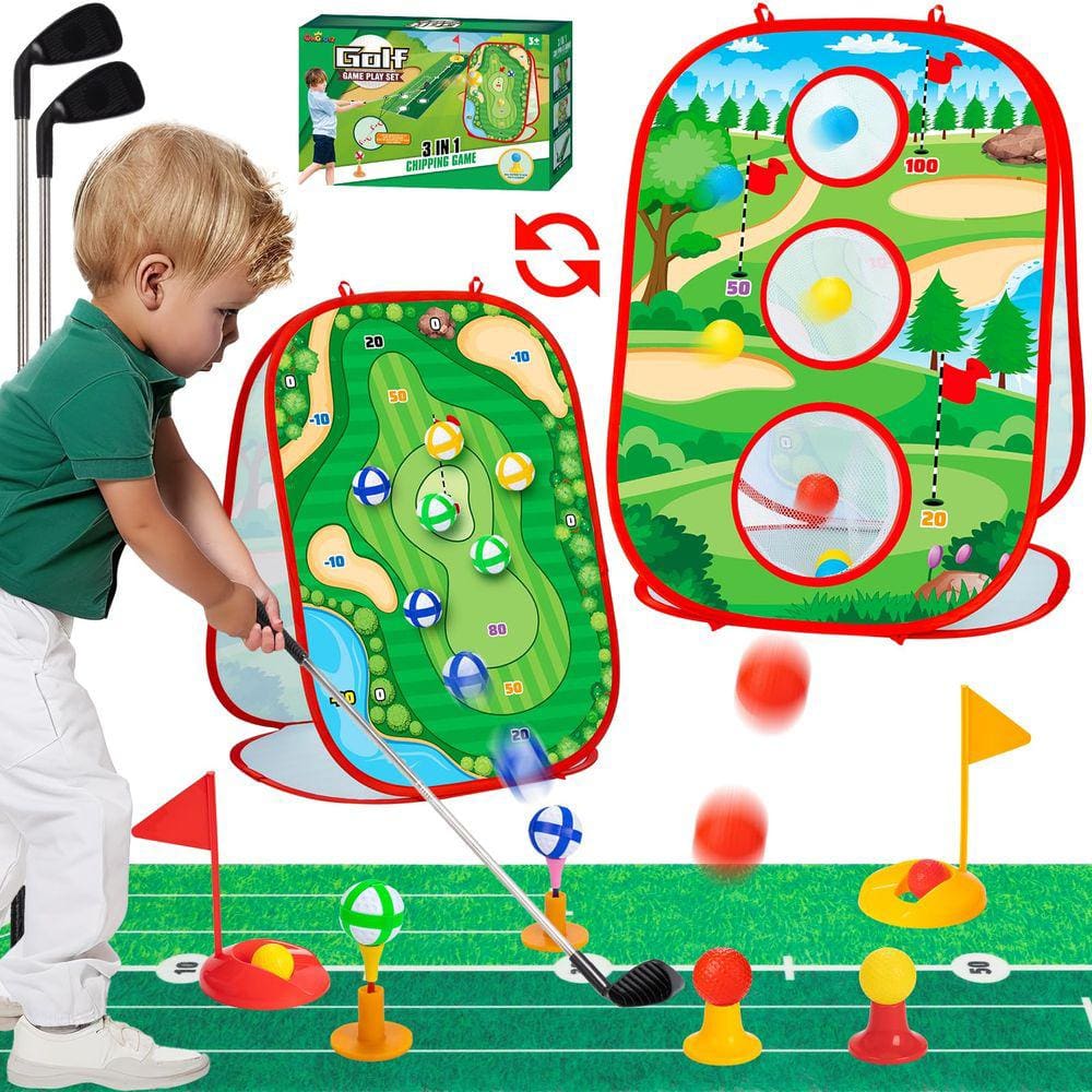 Conjunto de brinquedos de golfe para crianças OMGTOYZ com placa Chipping Cornhole 3-6Y