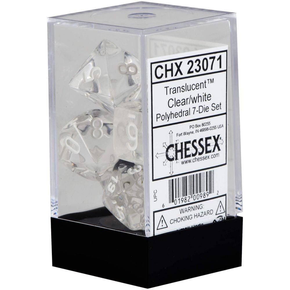 Conjunto de dados poliédricos Chessex Translucent Clear com branco, 7 unidades
