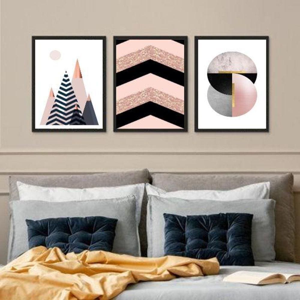 Kit 3 Quadros Geométricos Quarto Rosa E Preto 45X34Cm Vidro