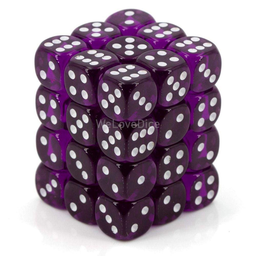 Conjunto de dados Chessex D6 roxo/branco translúcido 12 mm (36) com caixa