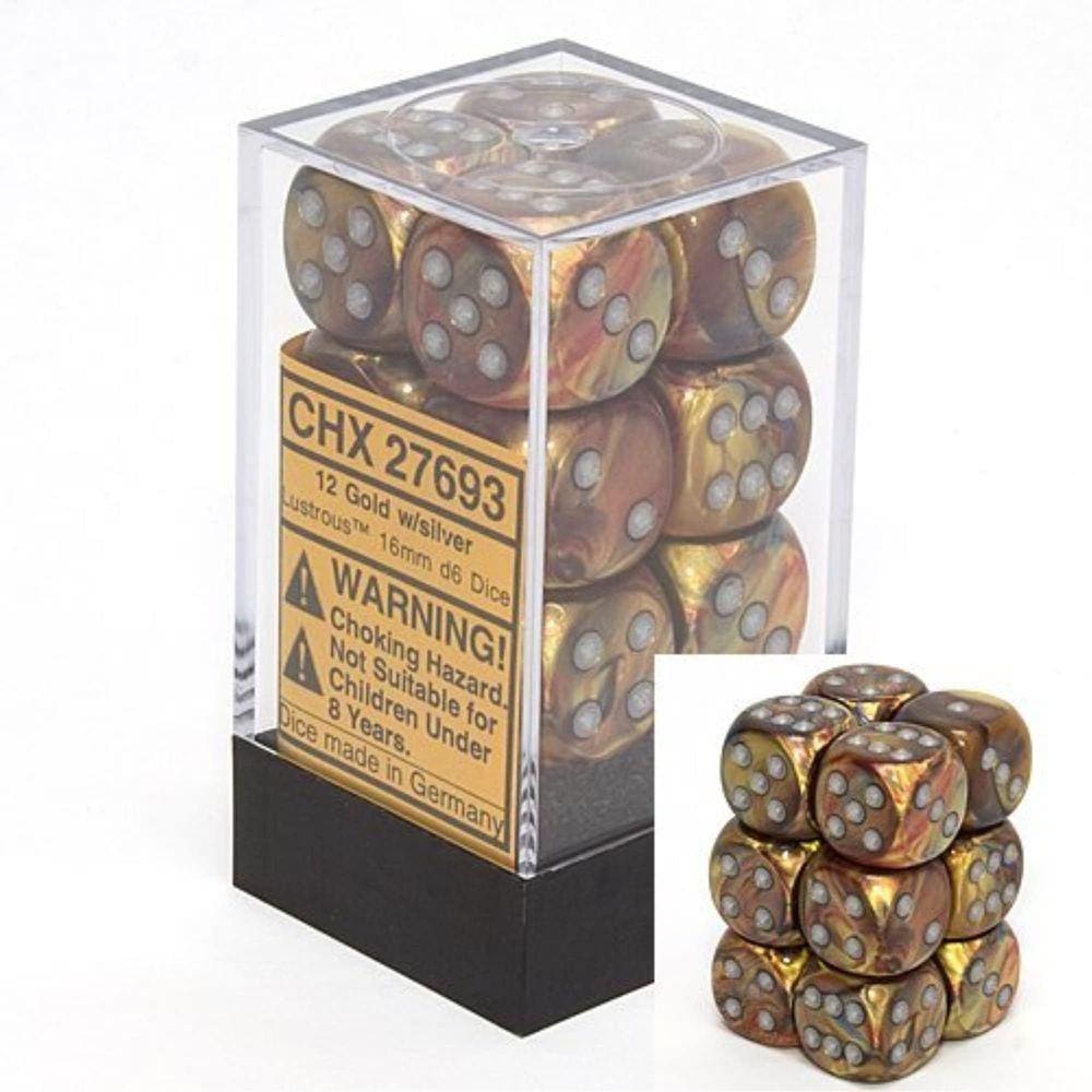 Conjunto de dados Chessex Lustrous Gold com dados prateados de 16 mm d6 (12)