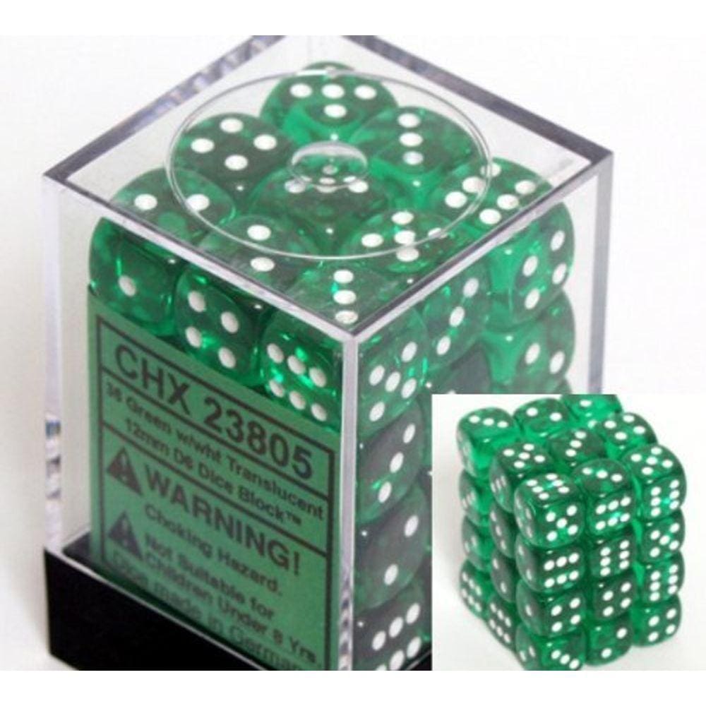 Dice Chessex 12mm verde de 6 lados com branco translúcido x36