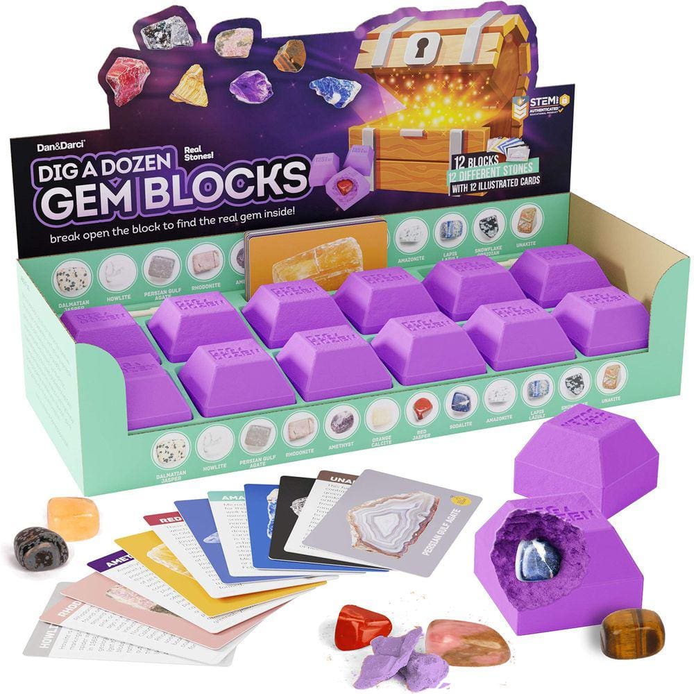 Kit de mineração de blocos de gemas Dig a Dozen para crianças com 12 pedras preciosas