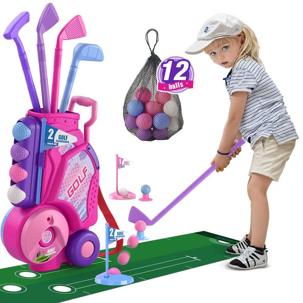 Conjunto de golfe infantil HYES atualizado com 12 bolas, tapete de golfe rosa