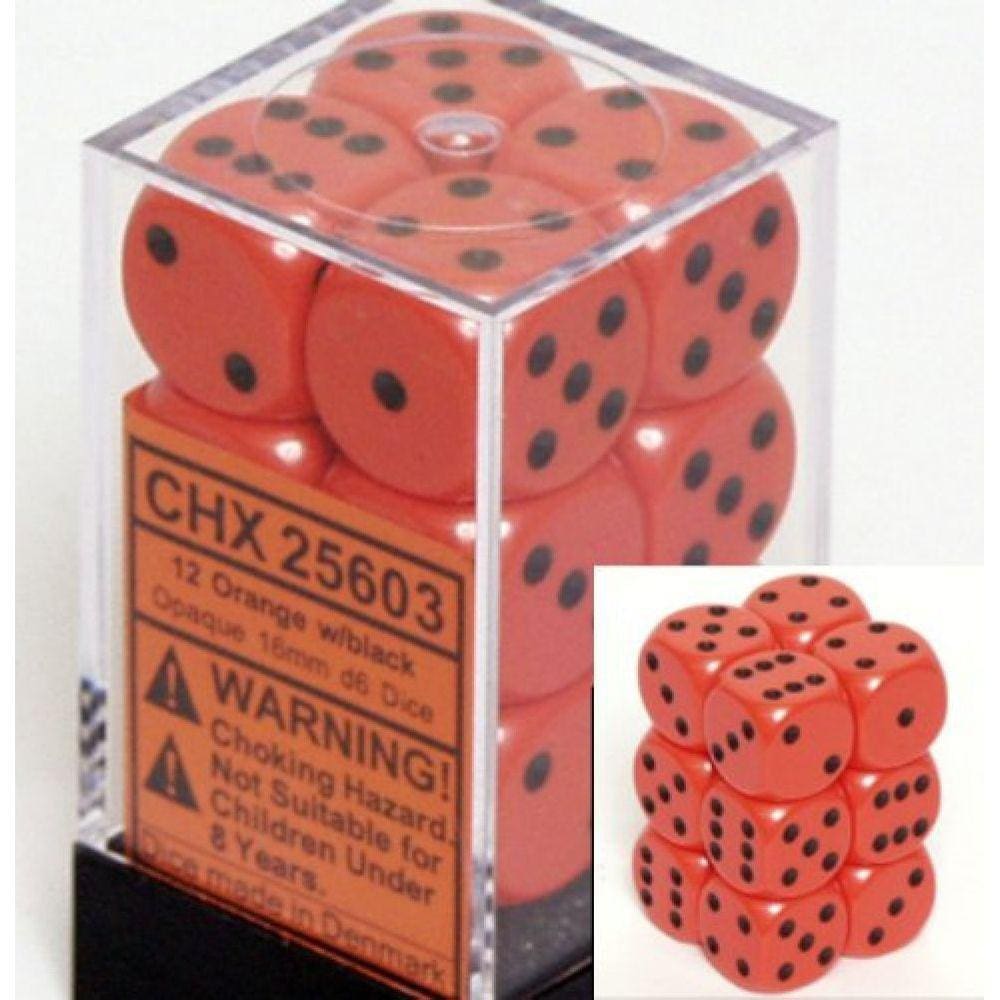 Conjunto de dados Chessex Opaque Orange com dados pretos de 16 mm D6 (12)