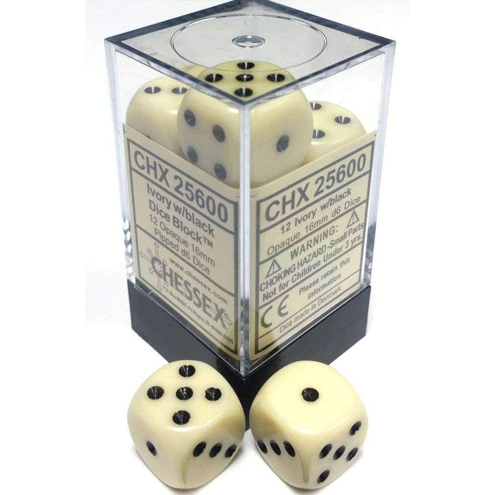 Conjunto de dados Chessex Opaque Ivory com preto 16 mm D6 (12) com caixa